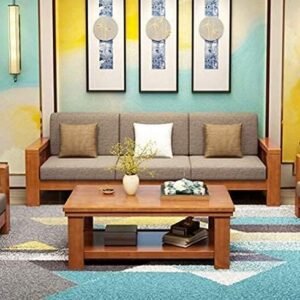 Roshani.online  Wooden Sofa Set with Centre Table for Living Room | Wooden Sofa Set 5 Seater for Living Room (3+1+1) | 5 Seater Sofa Set with Coffee Table (Brown Finish)