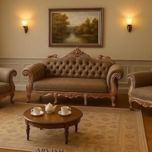 Roshani.online Luxury Antique Sofa Set in a Classic Living Room Setting Solid Teak Wooden Five Seater Sofa Set with Cushion for Living Room | Honey Brown Finish | 208D x 76W x 119H cm (Design1)