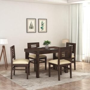 Roshani.online Sheesham Wood Dining Table set of 4 Seater Dinner Dinning Table with 4 Cushioned Chair for Dining Furniture for Living Room Home Hotel Office Wa;nut Finish (Caps-D1-4S)